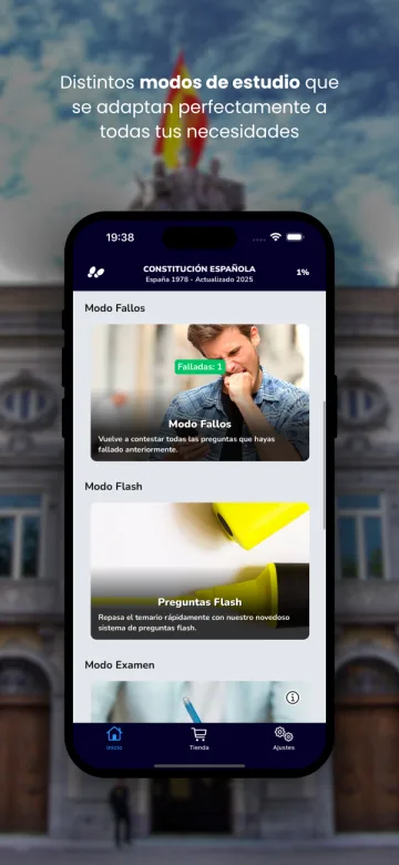 Imagen de la tienda: «Distintos modos de estudio», con Modo Fallos y Preguntas Flash.