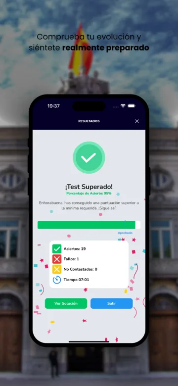 Imagen de la tienda: «Comprueba tu evolución y siéntete realmente preparado», con la pantalla de Test Superado.