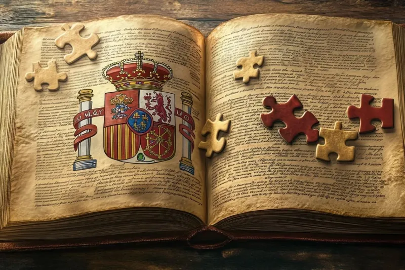 Ilustración de la app: un libro abierto con un escudo y piezas de puzle.