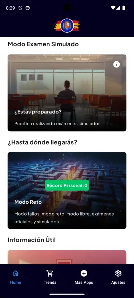 Modo Examen Simulado («¿Estás preparado?») y Modo Reto con el récord personal.