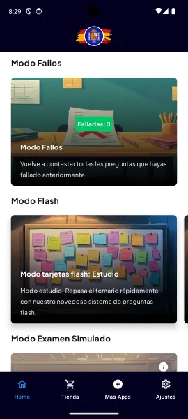 Tarjetas de Modo Fallos, Modo tarjetas flash y Modo Examen Simulado.