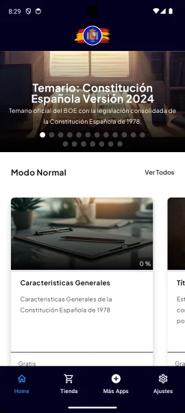 Inicio de la app: el temario «Constitución Española Versión 2024» y el tema Características Generales en el modo normal.