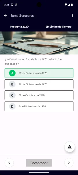 Una pregunta del test: «¿La Constitución Española de 1978 cuándo fue publicada?», con la respuesta correcta marcada.