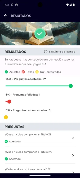 Resultados de un test: 95 % de acierto, 19 aciertos y 1 fallo, y la lista de preguntas.
